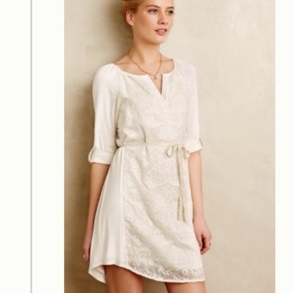 Anthropologie Tiny Embroidered Belted Ivory Shirt Dress -
size Medium